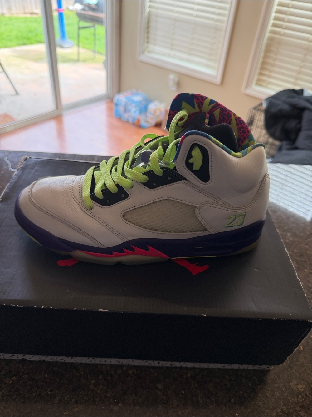 Men Jordan 5 Retro White and Purple Basketball Sneakers with Neon Green Accents